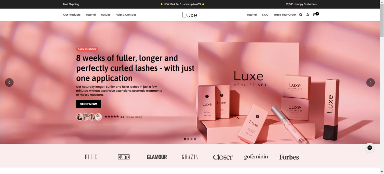 Luxe Cosmetics Shopify store homepage